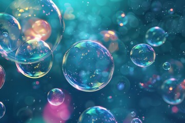 Poster - Many soap bubbles are floating, reflecting light and creating a beautiful bokeh on a blue background