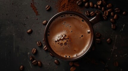 Wall Mural - Dark and rich coffee in a brown cup with coffee beans scattered around