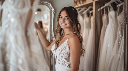 Wall Mural - A woman is standing in front of a mirror in a bridal shop, smiling and looking at her reflection