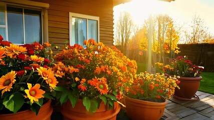 Wall Mural - A row of orange and yellow flowers in pots sit on a porch. Autumn flowers are in full bloom and the sun is shining on them, creating a warm and inviting atmosphere