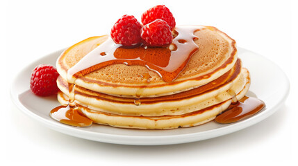 Closeup of a colorful, cartoon-shaped pancake breakfast with syrup and fruit, isolated on a white background 