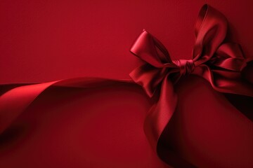 Fototapete - A red ribbon with a decorative bow on a solid red background