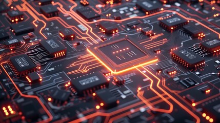 Poster - Futuristic printed circuit board 3d render, dynamic technology background for digital wallpaper, high-tech server design with intricate circuitry


