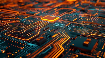 Poster - Futuristic printed circuit board 3d render, dynamic technology background for digital wallpaper, high-tech server design with intricate circuitry


