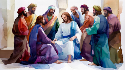 Canvas Print - Jesus performing a miracle, healing a blind man, vibrant watercolor colors, compassionate expressions, onlookers in awe 