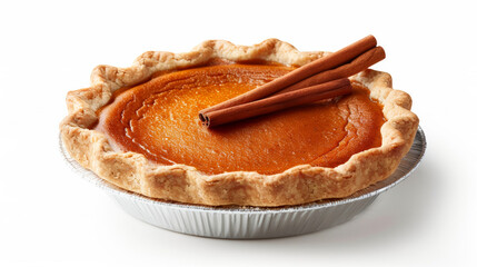 Canvas Print - pumpkin pie with a flaky crust and cinnamon sticks, isolated on a white background, warm and inviting 