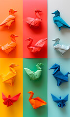 Wall Mural - A collection of origami birds in various colors, folded from paper, arranged in rows on a background of similarly colored paper