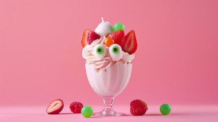 Poster - Wide-angle view of a playful ice cream sundae with candy eyes and fruit decorations, isolated on a gradient pink background 