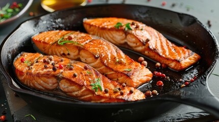 Wall Mural - Salmon Steaks in Cast Iron Pan on Dark Stone Background