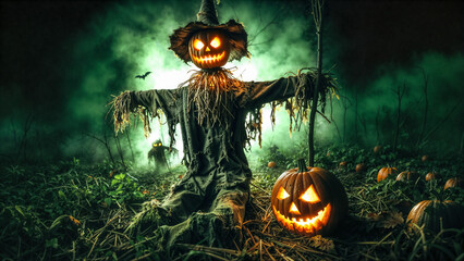 spooky halloween scene featuring jack-o-lantern scarecrow in foggy pumpkin patch at night, surrounde