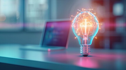 Poster - Business innovation shown by a holographic light bulb floating above a modern desk. Sci-Fi, Digital, Cool Tones, Sharp Focus