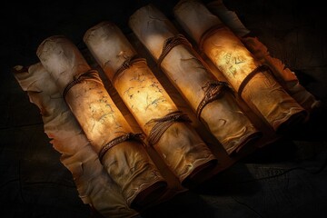 Poster - A collection of rolled up scrolls sitting on a table, useful for historical or educational purposes