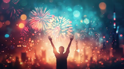 Poster - Business leaders celebrating success on a rooftop with city skyline, colorful fireworks in the background. Pop Art, Bright Colors, Digital Painting, High Contrast