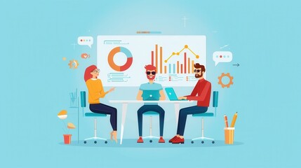 Poster - Business strategy meeting, team analyzing market trends, flat design illustration