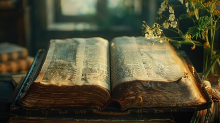 Poster - A book lying open on a wooden surface, perfect for studying or reading