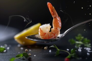 Close-up of cooked shrimp with lemon and herbs on a spoon with steam against dark background. Studio food photography. Gourmet cuisine concept.