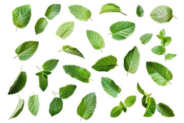 Aufkleber - Fresh green leaves arranged on a clean white surface