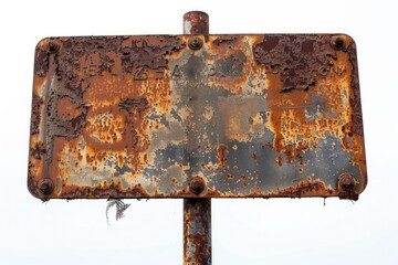 Poster - A rusty old street sign standing upright on a pole against a bright white sky, with no background information to distract from the subject