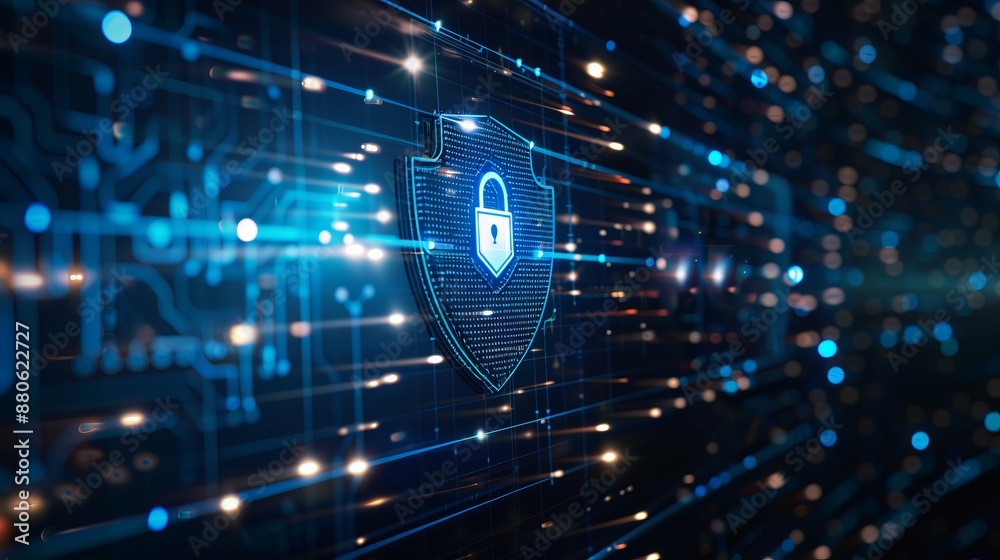 Shield icon on secure global network representing cyber security and ...