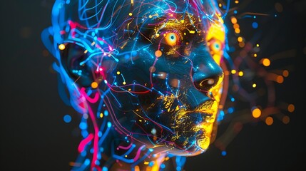 Poster - humanoid head with blue and yellow eyes and vibrant neon neural network, representing futuristic tec