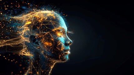Poster - humanoid head with blue and yellow eyes and vibrant neon neural network, representing futuristic tec