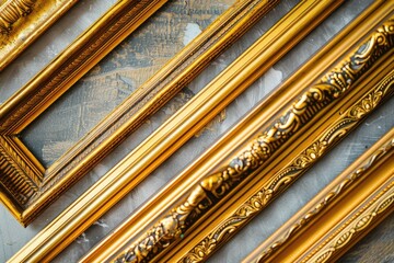 Poster - A collection of golden picture frames stacked on a wall, suitable for decoration or storage
