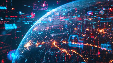 Poster - Digital planet connected: tech devices and icons linking to global network of information and communication, conceptual illustration