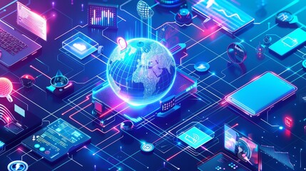 Poster - Digital planet connected: tech devices and icons linking to global network of information and communication, conceptual illustration