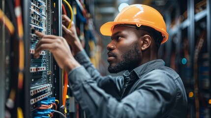 Technician inspecting and maintaining network servers in a data center with advanced technology equipment and cable management systems for efficient and secure operations