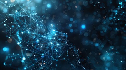 Poster - Abstract technology network background featuring interconnected nodes and digital lines on a dark blue gradient, ideal for technology and innovation themes, data visualization, 