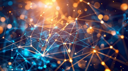 Poster - Abstract technology network background featuring interconnected nodes and digital lines on a dark blue gradient, ideal for technology and innovation themes, data visualization,