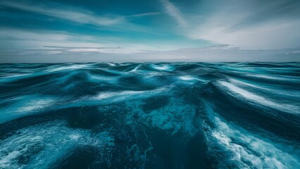 Top view of the blue frothy sea surface. Shot in the open sea from above