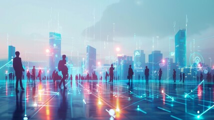 Aufkleber - A smart city concept with people using wireless technology for urban communication.