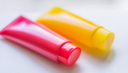 Wall Mural - Pink, red and yellow plastic tubes of cream, lip balm. Cosmetic package mock up for beauty product.