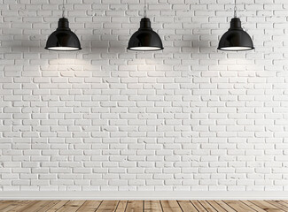 Poster - white brick wall with three black hanging lamps on the white ceiling, wooden floor in front of it, empty room background, photo realistic