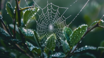 Poster - A spider web covered in dew, stretched between two leaves.