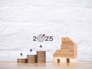 Poster - Miniature house and stack of coins with arrow rising. The concept about price of house is growing up, Property investment, House mortgage, Real estate