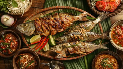 Wall Mural - A Thai seafood feast with grilled fish, prawns, and spicy dipping sauces.