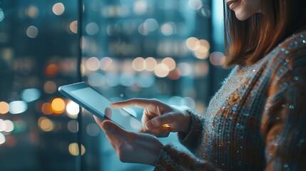 Poster -  Woman using digital tablet in a modern office at night with blurred background and flares - horizontal