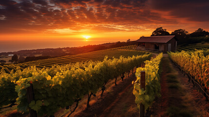 Canvas Print - Sunset Over Coastal Vineyard with Rustic Barn