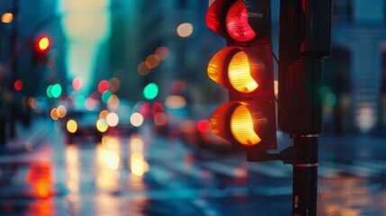 Poster - A traffic light changing from green to red with blurred cars passing underneath.