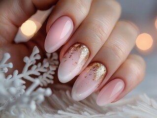 Elegant and Refined Acrylic Nail Shaping Almond Shape with a Delicate Pink Ombre and Gold Glitter Accent Perfect for Sophisticated Manicures and Special Occasions