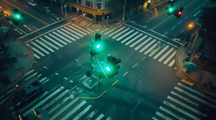 Poster - A traffic light intersection with green lights for both straight and turning lanes.