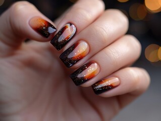 Stunning Orange and Brown Gradient Nail Art with Glitter Accents, Perfect for Fall This intricate nail design features a beautiful blend of warm orange and brown shades, accented with shimmering