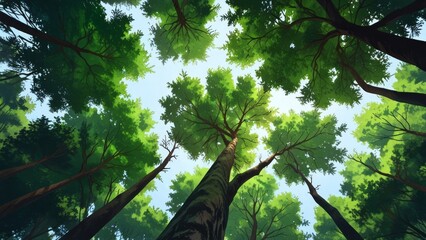 forest trees view from below into the sky. nature green wood sunlight background