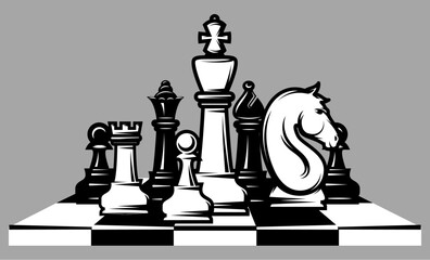 Wall Mural - A composition of chess pieces randomly placed on a board. Template for design, set of elements