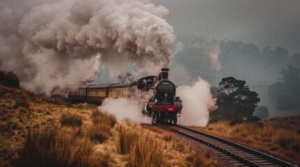 A vintage steam locomotive puffing smoke as it pulls carriages on a heritage railway.