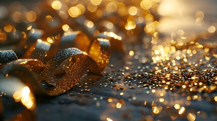 Poster - Shiny golden ribbon on table with blurred lights in background.