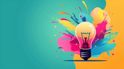 Poster - Creative thinking, light bulb with colorful sparks, flat design illustration