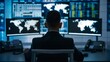 © CHOI POO - Man monitoring global data on multiple screens in a control room, analyzing maps and information for strategic decision-making.